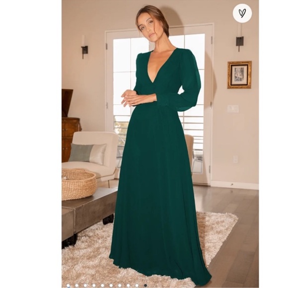 Lulus Dresses & Skirts - Lulus Hunter Green Long Sleeve Plunge Neck Maxi Dress XL Tie Back Formal Evening